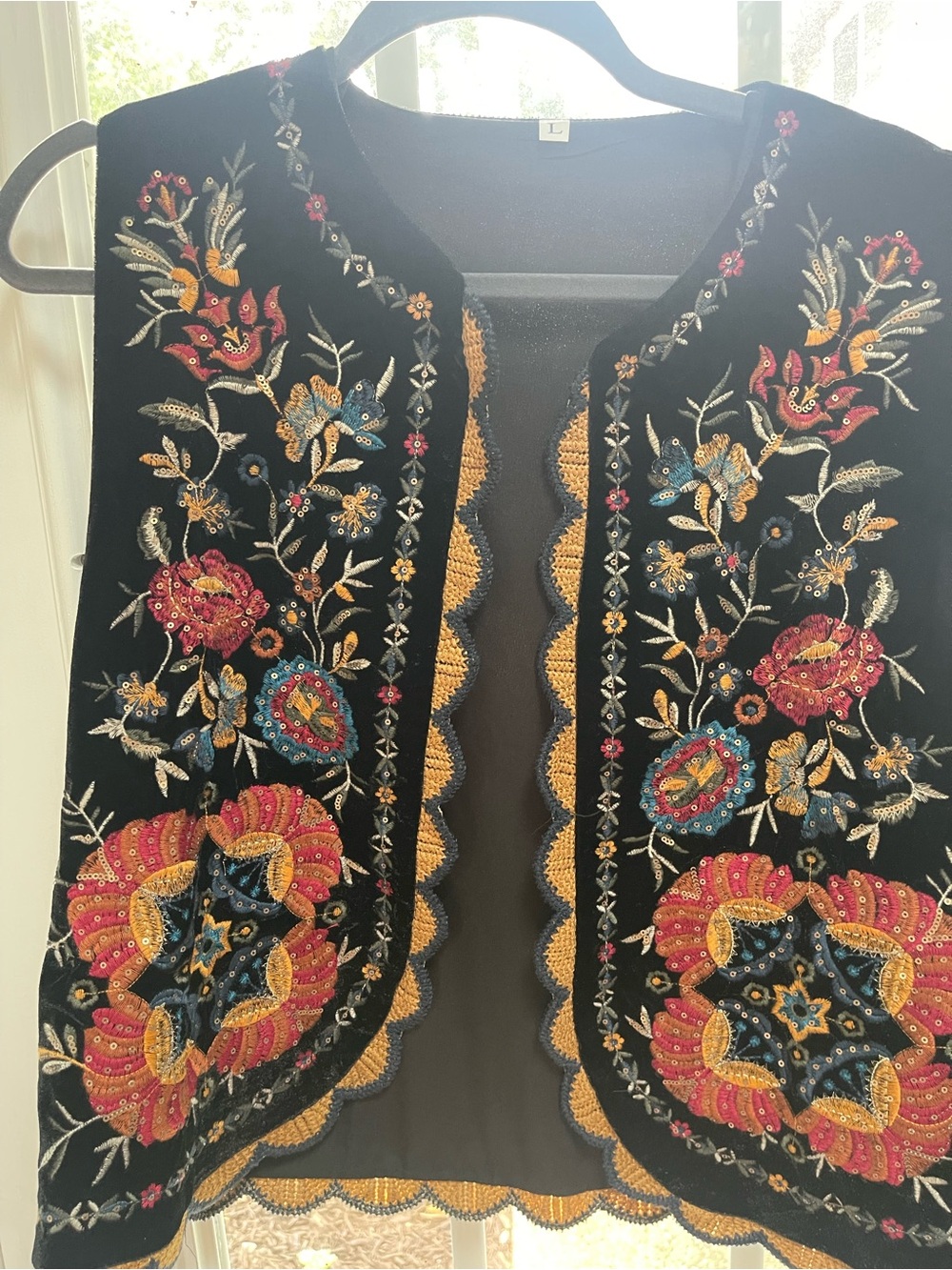 Embroidered Black Velvet Vest with Multicolor Floral Beading